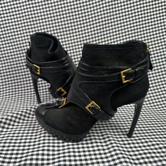 Alexander McQueen Léopold Suede Leather Black Curved Heel Buckle Boot Heel EU 39